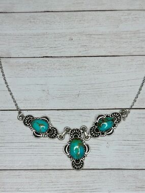 Authentic Turquoise Stone Sterling Silver Necklace - Women Jewelry